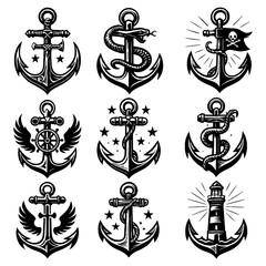 Set of vintage anchor symbols with nautical elements and bold black design, Transparent Background 