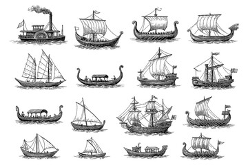 Vintage sailing ship and steamboat collection in detailed engraving style, Transparent Background 