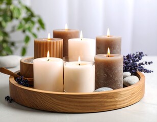 Candles arranged on a wooden tray