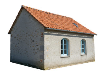 Isolated rustic stone building on transparent background, aged farmhouse structure, rural