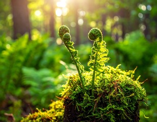 New fern shoots emerging from moss