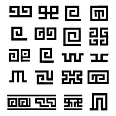 Set of abstract geometric maze and spiral pattern symbols in bold black design, Transparent Background