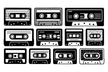 Set of vintage cassette tape icons in bold black silhouette style, Transparent Background