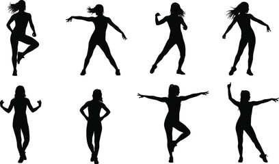 Dance silhouettes in expressive poses, contemporary and freestyle movements, energetic stage performance, artistic choreography, graceful rhythm, modern dance illustration