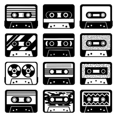 Set of vintage cassette tape icons in bold black silhouette style, Transparent Background