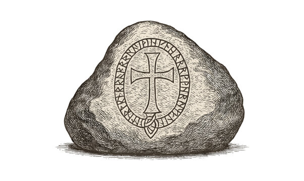 Engraved rune stone with cross symbol for historical and mystical themes