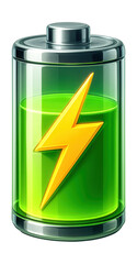 Charging battery icon with lightning bolt and glass effect.