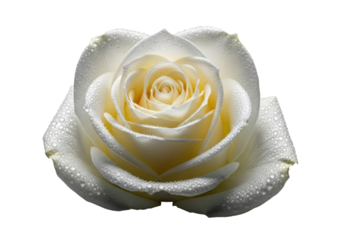 Extreme macro of transparent rose, unfurling petals, intricate heart, velvety texture, glistening dew drops, isolated on transparent. Delicate beauty and ethereal luminescence