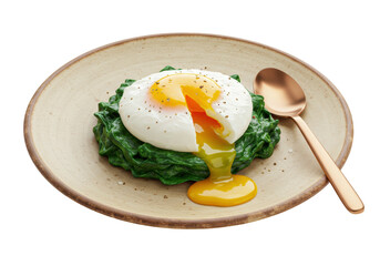Isolated poached egg with spinach on plate, a healthy brunch or lunch option, light and flavorful