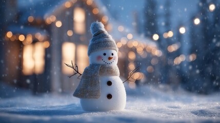 Obraz premium Cute snowman in winter evening snow