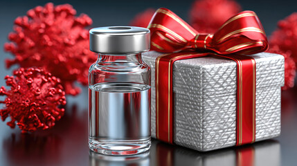 Vaccine vial standing next to a wrapped present with a red ribbon, surrounded by 3D rendering of virus molecules, symbolizing hope and protection during the holiday season