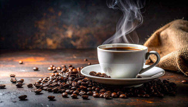 A steaming white cup of coffee sits on a saucer, surrounded by roasted beans and a burlap sack.