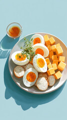 Breakfast platter featuring soft-boiled eggs, cheeses, and a glass of tea on a blue background