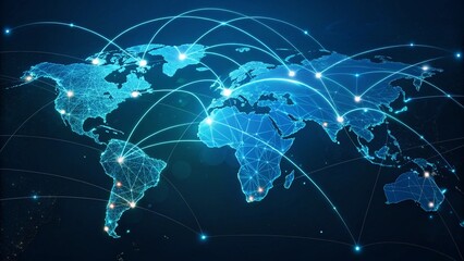 A digital world map with glowing connections across continents on a dark blue background network created with generated ai