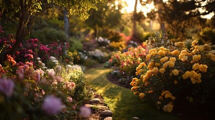 Golden sunlight gently shining on flower garden calm scene