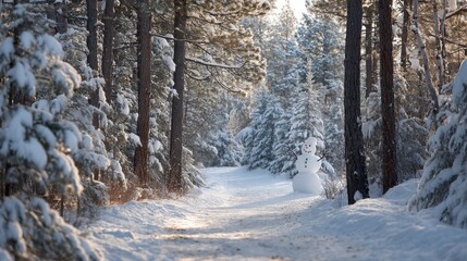 Winter forest pathway with snowman