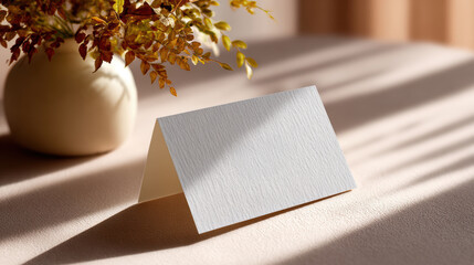 Elegant blank business card mockup on paper texture table for real estate business. folded card in warm light casts calm shadow for professional presentation