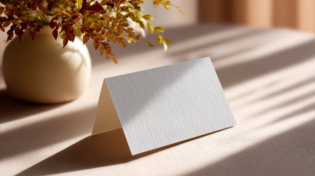 Elegant blank business card mockup on paper texture table for real estate business. folded card in warm light casts calm shadow for professional presentation