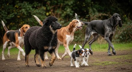 A diverse pack of hunting and companion dogs on the march