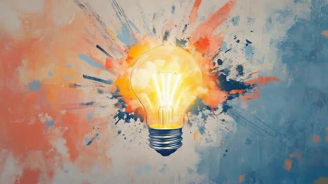Abstract art with a lightbulb exploding with ideas