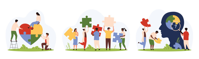 Teamwork on solution, building cooperation set. Tiny people holding puzzle parts together to fit together in heart, look through magnifying glass and find missing piece cartoon vector illustration