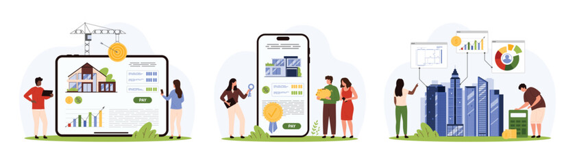 Real estate search, purchase and rental service set. Tiny people buy house for sale with help of agent holding key, choose location of building construction to invest cartoon vector illustration