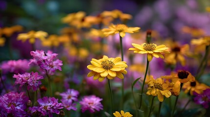Fototapeta premium Flower garden alive with soft golden light and calm breeze