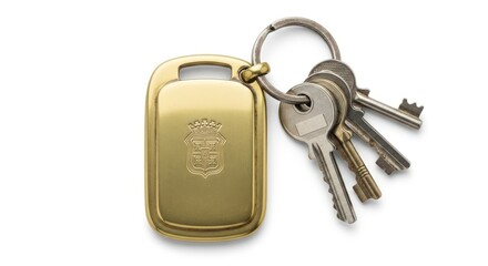 A golden keychain with an embossed crest and a set of four silver keys attached to a metal ring.