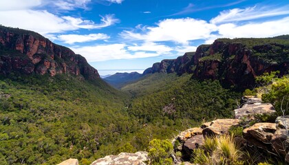 Scenic vista of a lush valley between rocky cliffs beneath a bright, partly cloudy sky