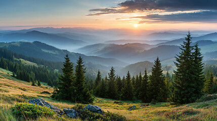 Peaceful landscape scene with vibrant sunrise illuminating rolling hills and lush green trees, creating a serene atmosphere of hope and tranquility in nature's embrace
