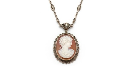 An antique cameo pendant necklace featuring a profile of a woman carved in shell, set in ornate metalwork.