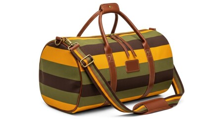 A striped duffel bag with brown leather accents and a detachable shoulder strap, perfect for travel or gym use.