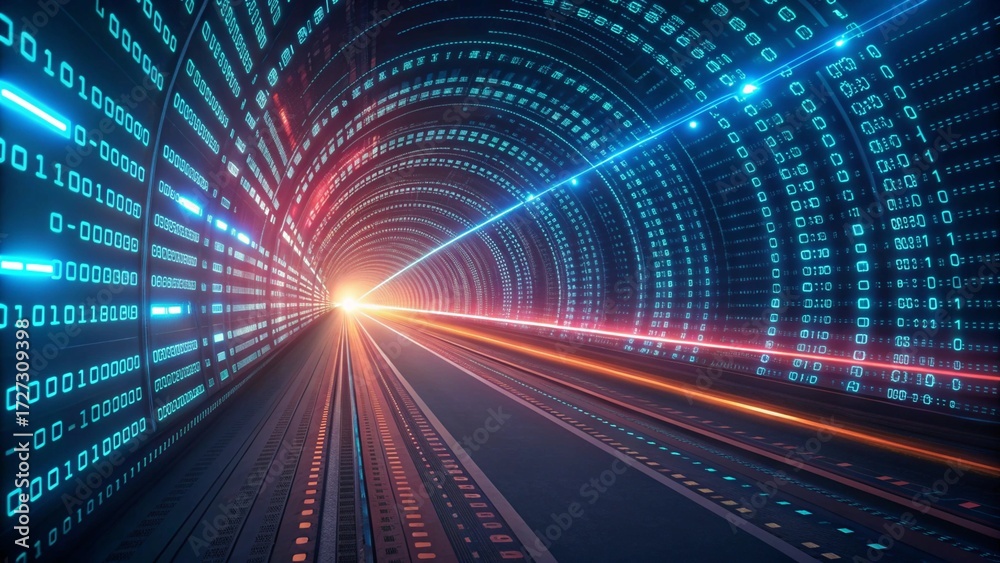 Wall mural digital tunnel with binary code and light streaks creating a futuristic cyberspace effect created wi