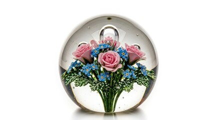 A delicate glass paperweight encasing a miniature bouquet of pink roses and blue flowers.