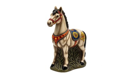A detailed ceramic figurine of a white horse adorned with a decorative saddle and bridle, standing on a grassy base.