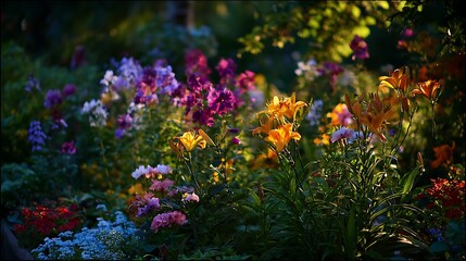 Obraz premium Natural flower garden glowing with last light of day