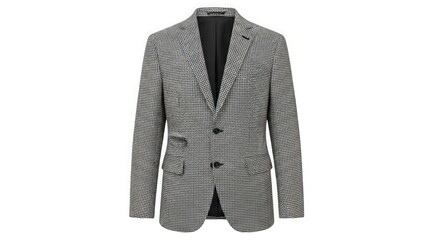 A classic grey patterned blazer with two buttons and flap pockets, presented against a white background.