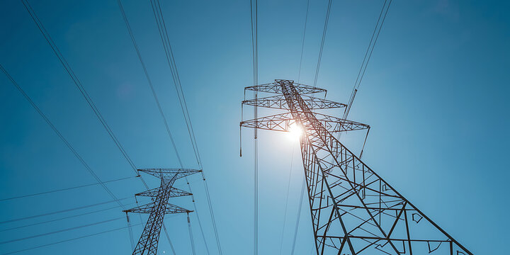 The image depicts modern energy infrastructure, featuring high-voltage transmission towers and power lines in a realistic style, surrounded by sunlight and steel pylons.