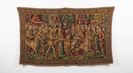 A large, rectangular tapestry depicting a historical scene with many figures, horses, and architectural elements, framed by a decorative border.