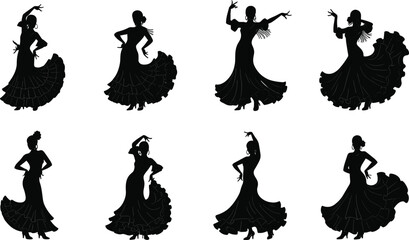 Flamenco dancer silhouettes in ruffled dresses, expressive Spanish dance poses, cultural performance art, elegant movement illustration, dramatic traditional dance design, accessories