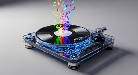 A transparent turntable with colorful musical notes floating above it, isolated on white background, showcasing a blend of modern design and musical expression