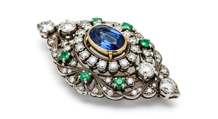 An exquisite antique brooch featuring a central oval sapphire surrounded by diamonds and emeralds, set in ornate silver and gold.