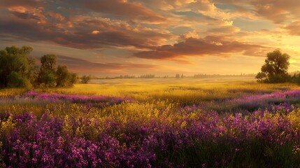 Peaceful sunset behind flower field glowing warmly