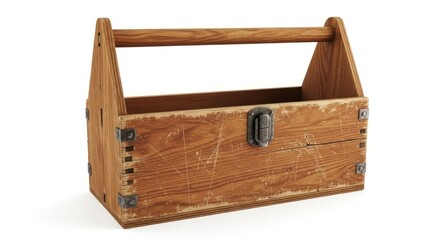 A vintage wooden toolbox with a metal latch and a sturdy handle, showcasing signs of wear and tear.