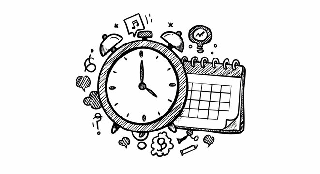 Sketch Illustration of Alarm Clock and Calendar on White Background