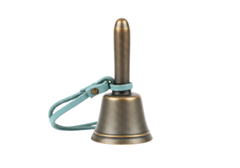 Isolated brass hand bell, classic bronze instrument with leather strap on the top section