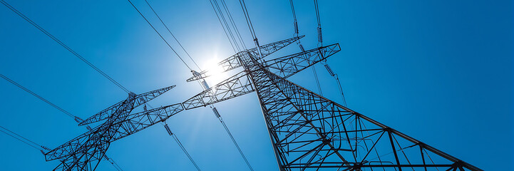 The image depicts modern energy infrastructure, featuring high-voltage transmission towers and power lines in a realistic style, surrounded by sunlight and steel pylons.