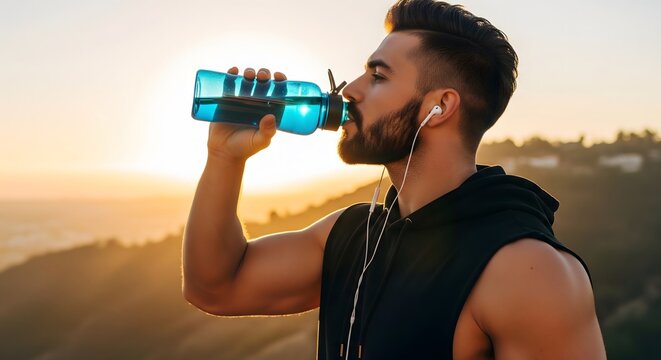 Man hydrating with water from a bottle after an intense workout at sunset, emphasizing fitness, health, and post-exercise recovery.