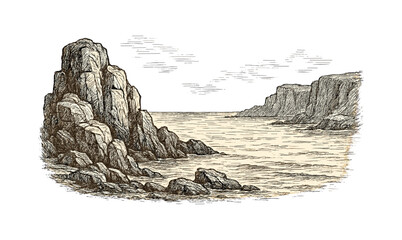 Fototapeta premium Antique rocky coastline illustration for vintage design and art projects