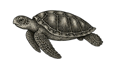 Fototapeta premium Intricately detailed engraved sea turtle on a minimalistic background for nature art and design inspiration
